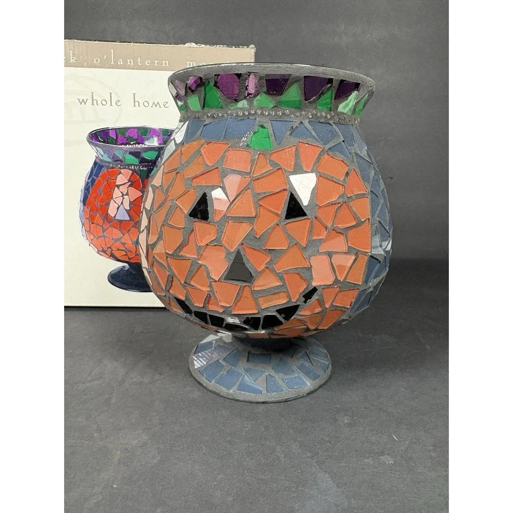 Vintage Whole Home Mosaic Jack O Lantern Hurricane Candle Holder Halloween 7